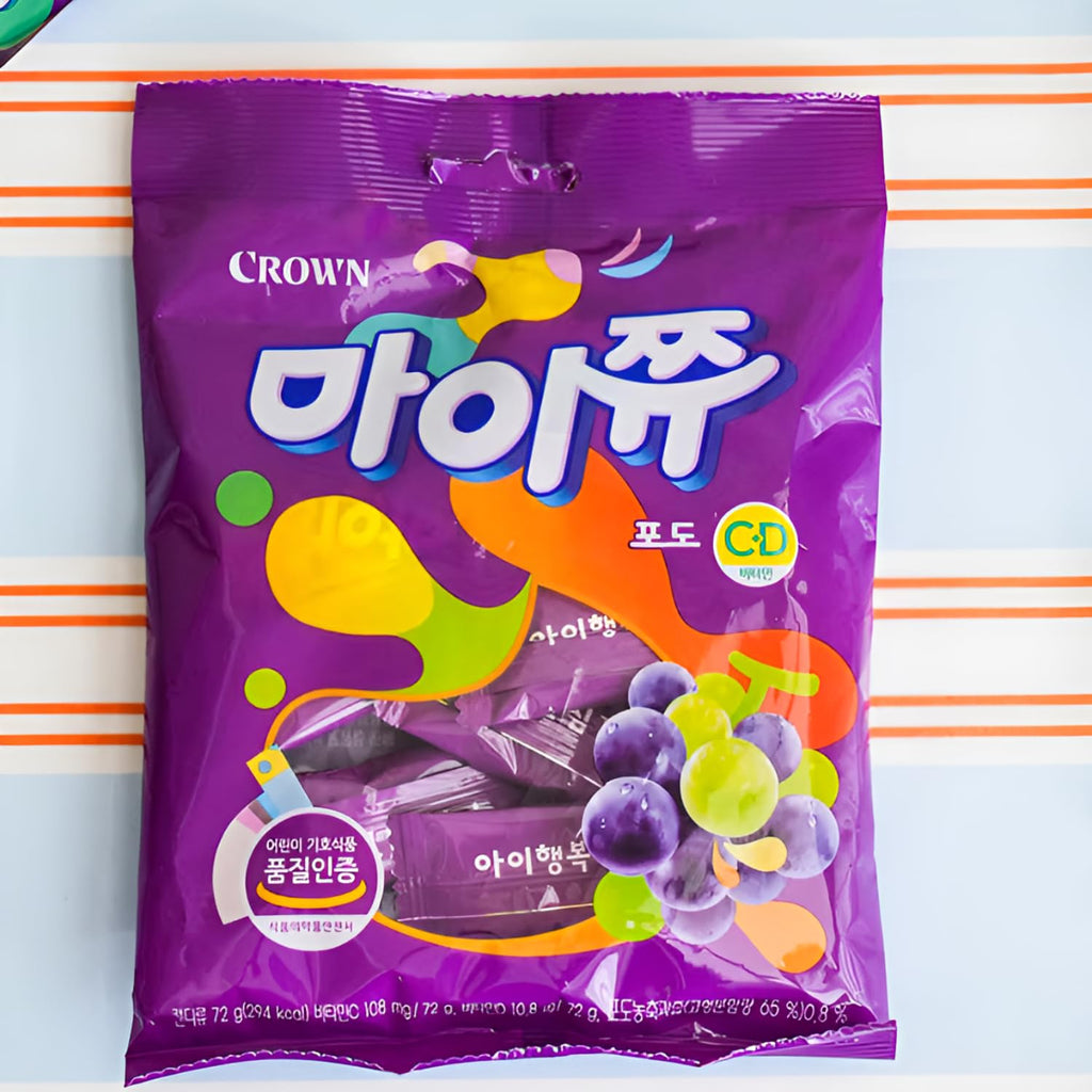 K-Food Crown MyChew Chewy Candy Variety Pack - Strawberry, Apple, Grape (3 x 72g Bags) | Authentic Korean Fruit Gummy Snack Bundle