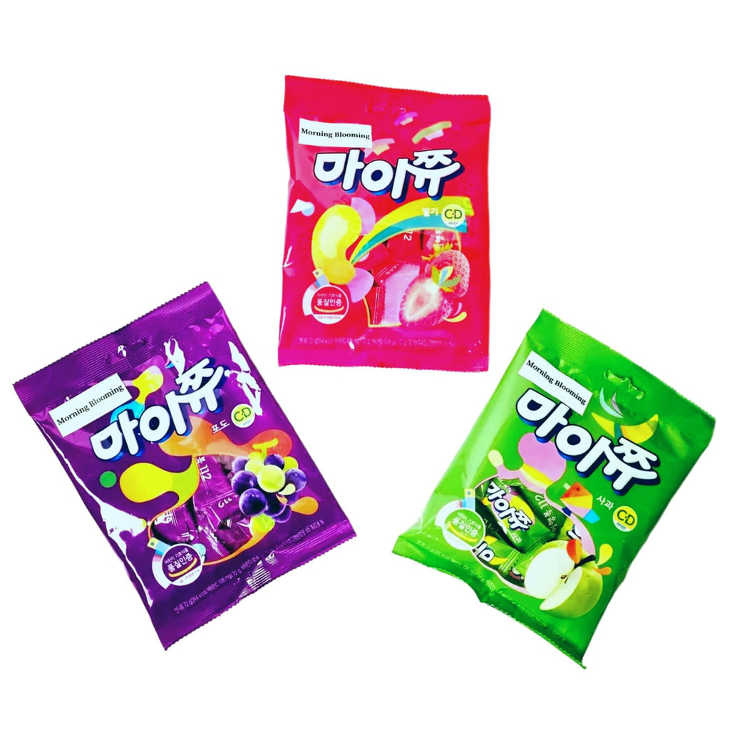 K-Food Crown MyChew Chewy Candy Variety Pack - Strawberry, Apple, Grape (3 x 72g Bags) | Authentic Korean Fruit Gummy Snack Bundle
